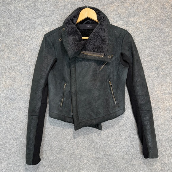 Veda 100% Shearling Leather Fur Moto Jacket Womens Small Motorcycle Designer Zip - Picture 3 of 16